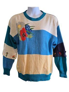 Multicolor Floral Knit Sweater accent Button Details & Stripes flowers vintage